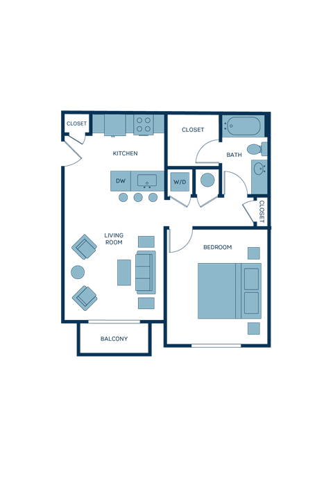Floor plan for 1 bed, 1 bath, 677 sqft